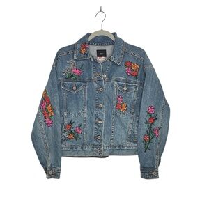 BDG Women's Denim Button-Down Jacket with Floral Embroidery Skull Graphic XS